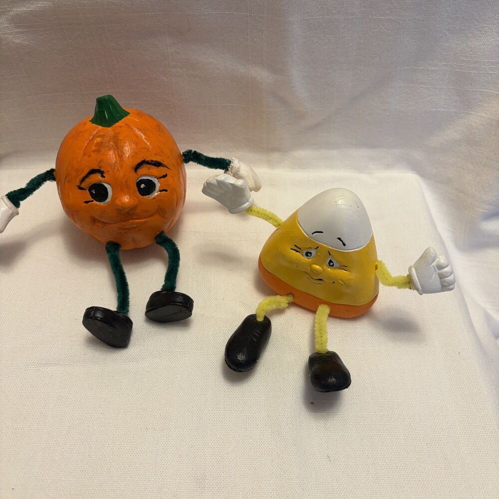 Vintage Halloween Shelf Sitter Pair Ceramic Decor Anthropomorphic Hand Painted